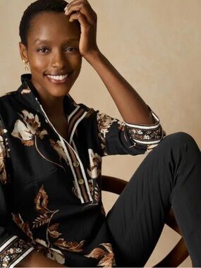 Talbots Black Floral Button-Trim Blouse
